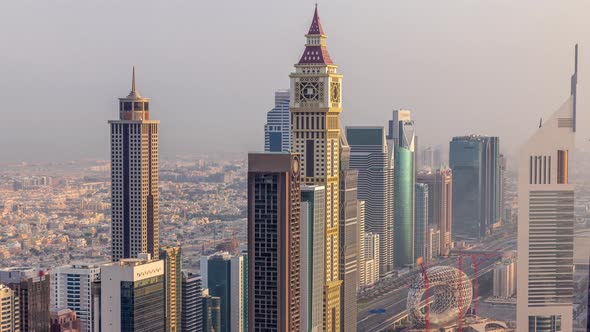 Skyline View of the Buildings of Sheikh Zayed Road and DIFC Aerial Timelapse in Dubai UAE