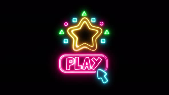 Play neon sign, bright signboard, light banner. Game logo neon, emblem