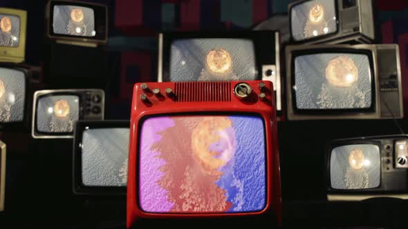 Aerial View of a Nuclear Explosion on Retro TVs.