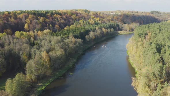 River Flow During Autumn Fall Season. Neris River Second Longest in Lithuania