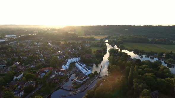 Aerial Reveal of the Town of Marlow in the UK at Sunrise