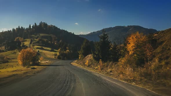 Aerial Footage Fast Car Ride Along the Rural Road