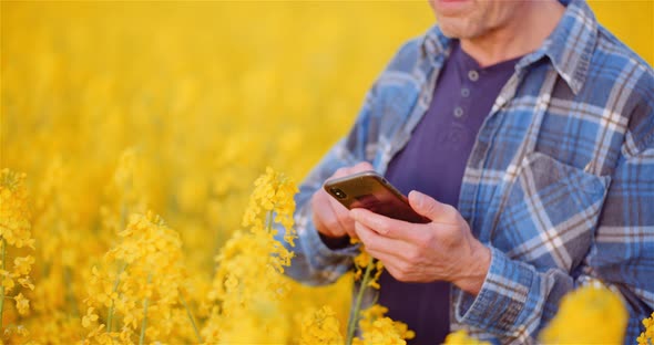 Confident Male Botanist Photographing Oilseeds On Field