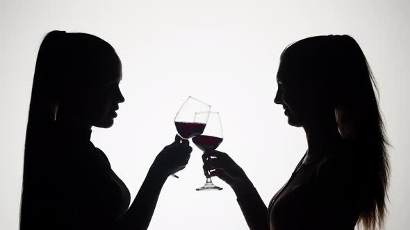 Two Women Drinking Wine on White Striped Background
