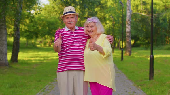 Senior Stylish Couple Grandmother Grandfather Looking Approvingly Showing Thumb Up Like Sign Gesture