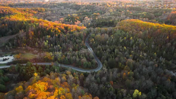 Colorful Autumn valley scene at Sunset with winding road and cars driving through forested hills in