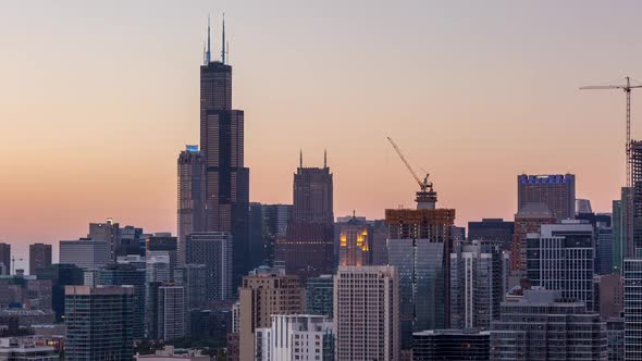 Chicago Willis Tower and City Skyline Day to Night Sunset 