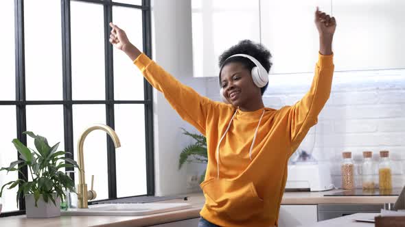 African American Black Handsome Woman Dancing with Headphones Enjoy Life Listening Favourite Music