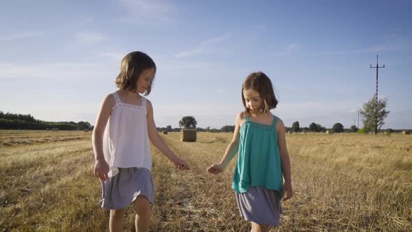 Two Charming Girls Are Walking on Mowed Rye in the Field 