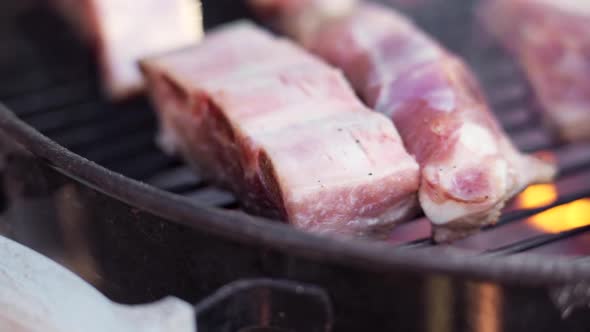 Slow Motion Macro of Meat Grilling on Fiery and Smokey BBQ Grill