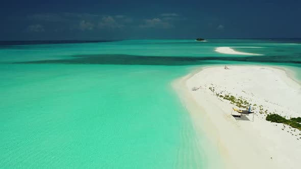 Aerial above landscape of idyllic sea view beach lifestyle by blue sea with white sand background of