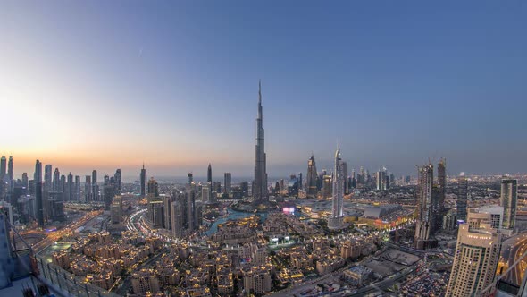 Dubai Downtown Day to Night Timelapse View From the Top in Dubai United Arab Emirates