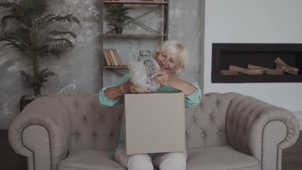 Age Delivery Mail Shipping and People Concept Happy Smiling Senior Woman Looking Into Open Parcel