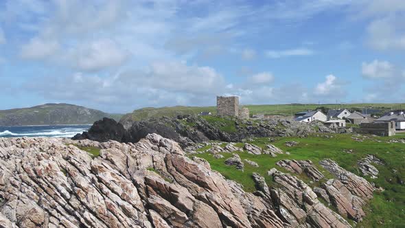 Aerial View of the Beautiful Coast Next To Carrickabraghy Castle - Isle of Doagh, Inishowen, County