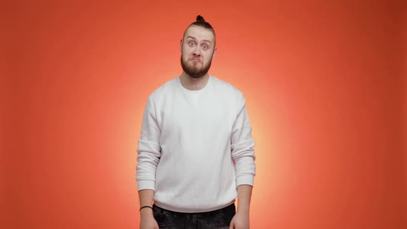 Handsome Bearded Young Man Saying Wow Nodding Head Showing Thumbs Up Gesture