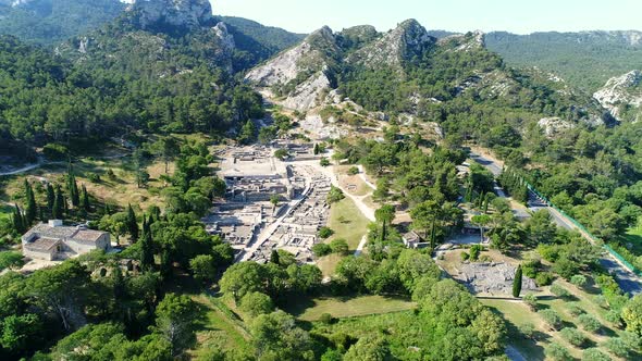 Glanum archaeological site in Saint-Remy-de-Provence seen from the sky