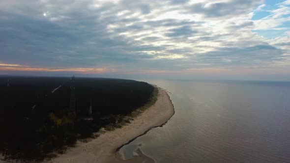 Aerial View Over the Kolka Cape, Baltic Sea, Latvia. During Autumn Evening Sunset