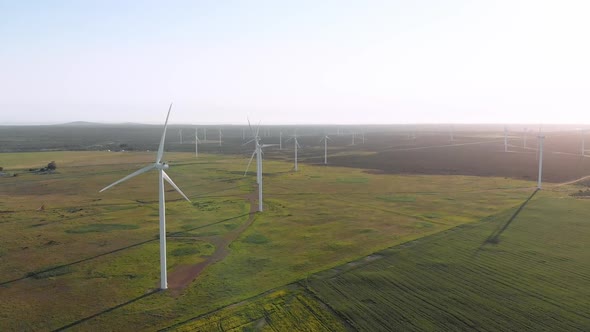 General view of wind turbines in countryside landscape with cloudless sky