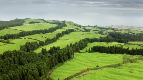 Mountain Landscape Covered Green Fields at Sao Miguel Island Azores Portugal