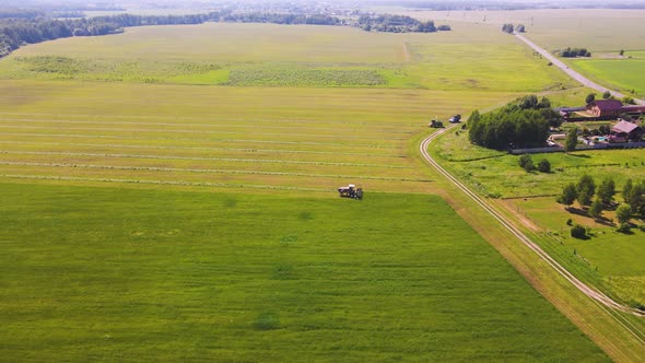 Nice Aerial View of the Hay Field the Harvester Mows the Grass in a Row