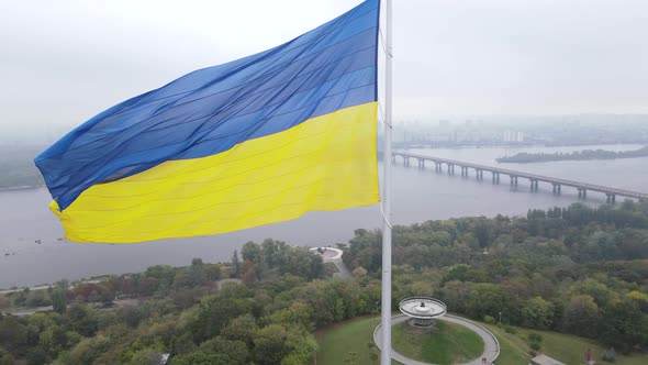 Kyiv, Ukraine Aerial View in Autumn : Ukrainian Flag. Kiev