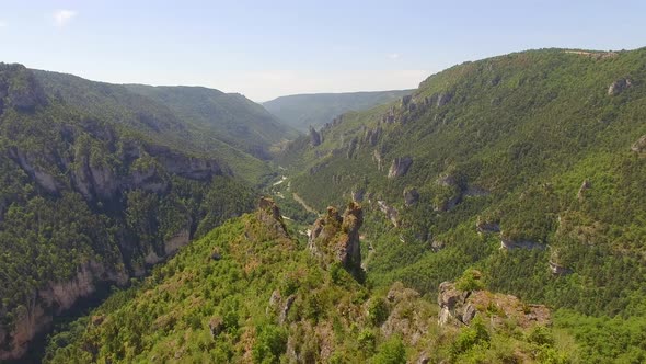 Aerial travel drone view of Gorges du Tarn and the Tarn River, Southern France.