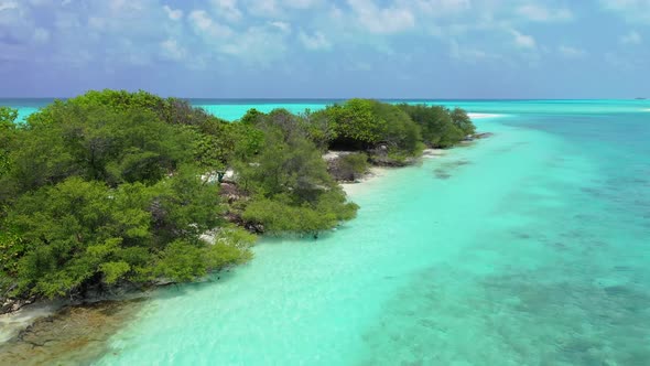 Aerial abstract of exotic coastline beach trip by blue lagoon with white sandy background of a dayou