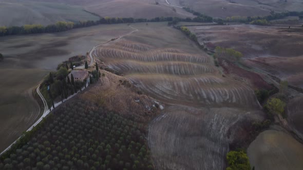 Val d'Orcia Countryside Valley in Tuscany Aerial View