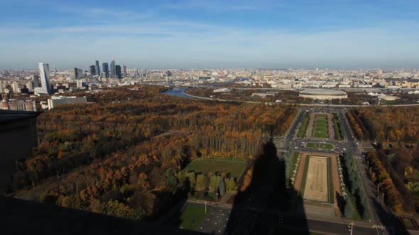 Time lapse view of Moscow city in Russia with moving shadows in front of a blue sky and the Moskwa r