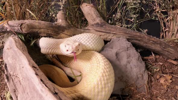 albino western diamondback rattlesnake rattling and tongue flicking approaching pov camera extremely