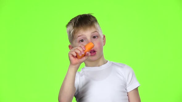 Little Boy Holds a Carrot in His Hands and Bites Her. Green Screen. Slow Motion alt