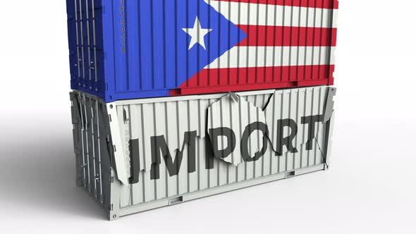 Container with Flag of Puerto Rico Breaking Container with IMPORT Text