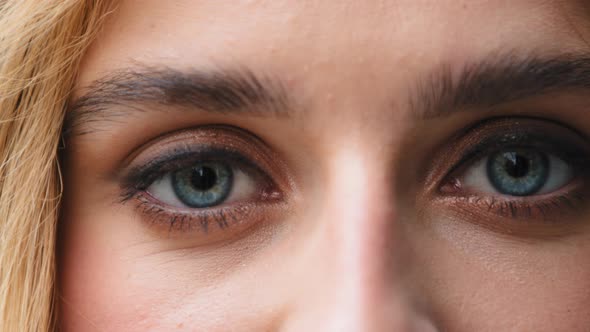Close Up Female Beautiful Blue Clear Eyes Young Caucasian Girl Looking at Camera Woman with Good