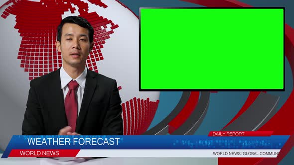 Male Anchor Reporting On The Weather Forecast, Video Story Show Green Chroma Key Screen