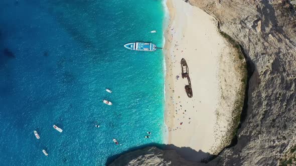 View of Navagio beach, Zakynthos Island, Greece. Aerial landscape. Azure sea water.