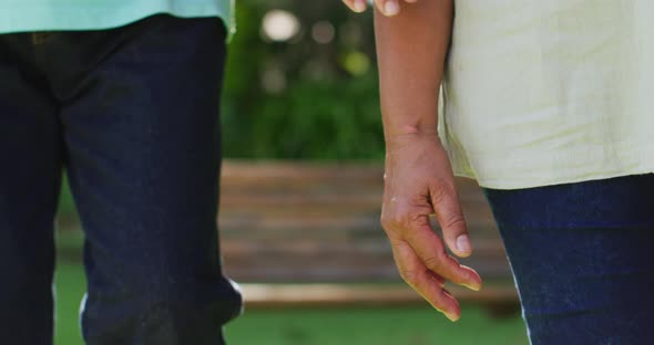 Video of midsection of biracial senior couple holding hands in garden