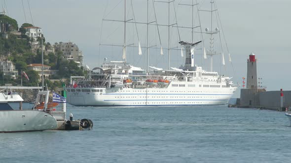 A cruise ship leaving a harbor