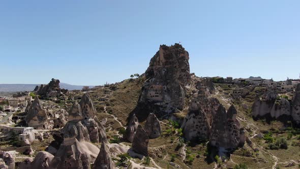 Aerial view of Pigeon Valley and Uchisar village and castle at Cappadocia, Turkey