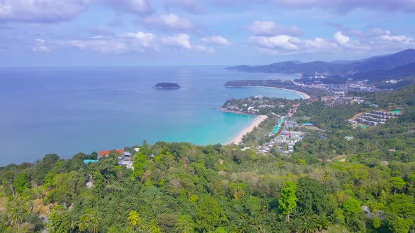 Beautiful landscape Beach sea summer day in sunny. Aerial view of drone white beach sand. Blue sea w