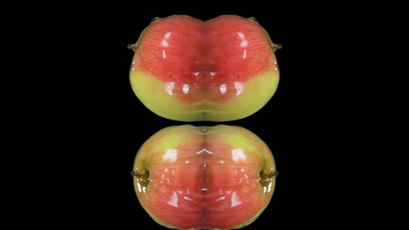 Apples are Bouncing with Splashes of Water on the Black Background in Symmetry