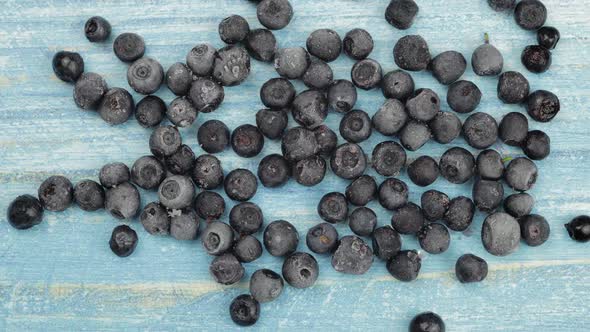 Timelapse Footage of Freezing Fruits, Berries on Blue Surface. Frozen Food. Frosting of Blueberry