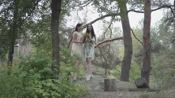 Portrait Two Cute Beautiful Women in Short Summer Dresses Standing on Rocky Ground with Wild Flowers