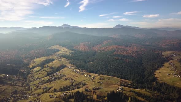 Aerial view of autumn mountain landscape with evergreen pine trees and yellow fall forest with 