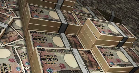 Japan Yen 10000 banknote packs - flying over JPY money stack