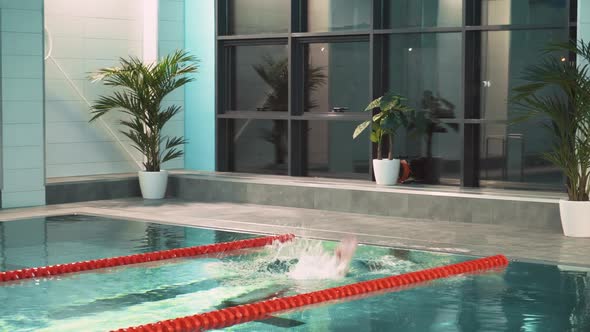 Professional Female Swimmer Jumping Into the Water and Swims in the Pool