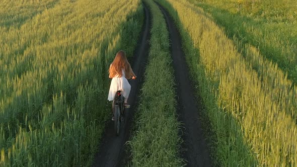 Cute Young Girl on Bicycle in Green Field