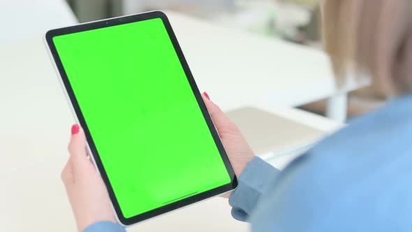 Close up of Woman Using Tablet with Green Screen
