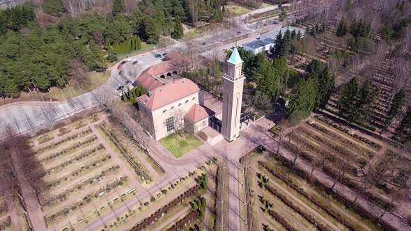 The Aerial View of the Heitaniemi Chapel in Helsinki Finland with the Graveyard