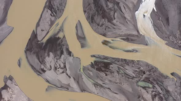 Aerial Drone View of Wild Glacial Rivers and Moraine Deposits