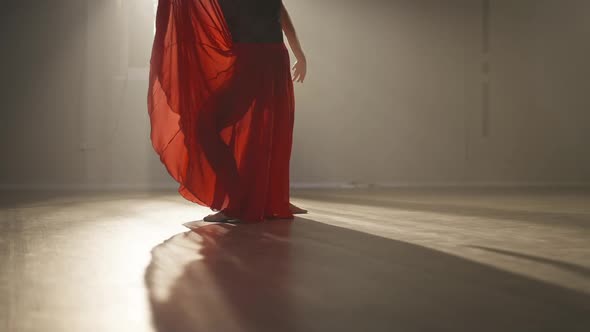 Legs of Slim Ballerina in Scarlet Red Skirt Jumping and Walking Back in Backlit Fog